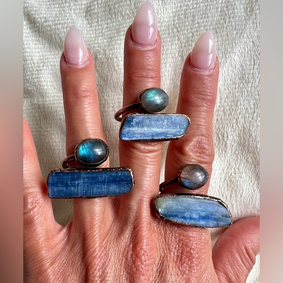 Jewelry - LAST ONE! Raw Kyanite + Flash Labradorite Adjustable Copper Ring 7 8 9 10
